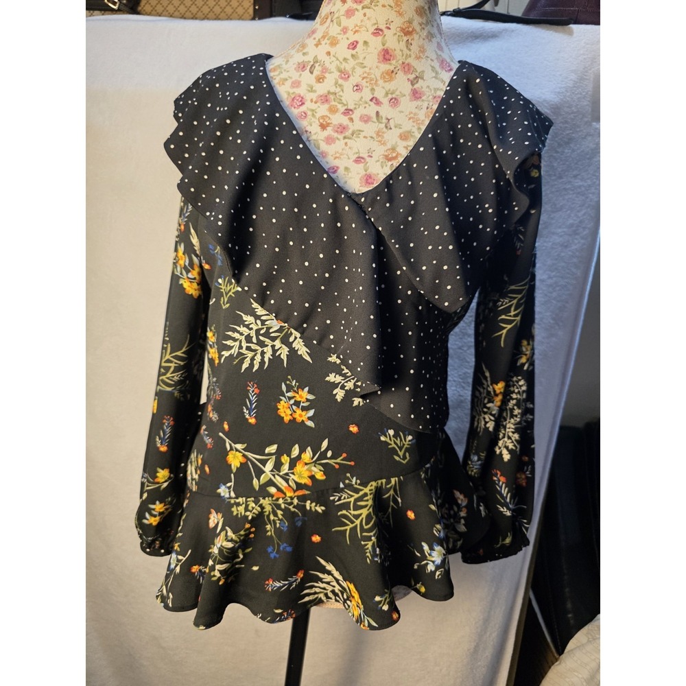 Walter Baker Women Floral Blouse Boho Artsy Hippie Poka Dot Big Collar Coastal S